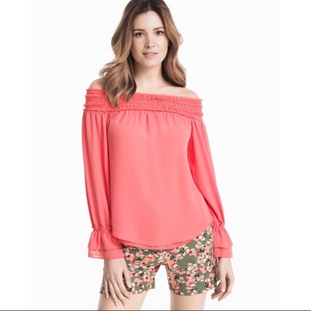 WHBM Coral Off-shoulder Long Sleeve Smocked Top
